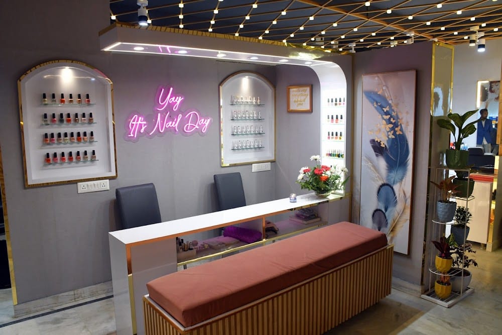 Luxurious salon interior with elegant styling stations and ambient lighting